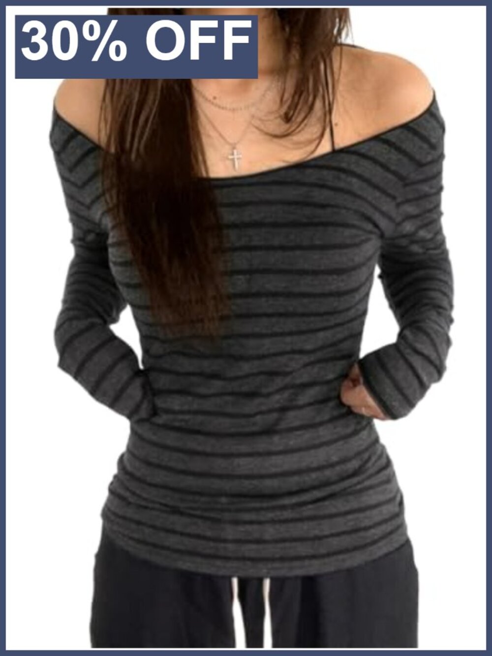 Off Shoulder Striped Long Sleeve Top Slim Fit Stretch Pullover Blouse